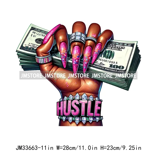 Hustler Hands Fingernails Manicure Money Stack Rich Boss Black Woman Iron On DTF Transfers Stickers Ready To Press For Clothes