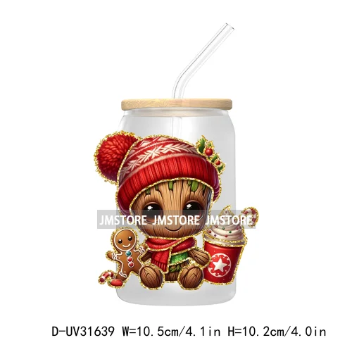 Glitter Cartoon Character With Christmas Hat Holiday Xmas UV DTF Transfer Stickers Decals For Libbey Cold Cup Mug Tumbler Labels