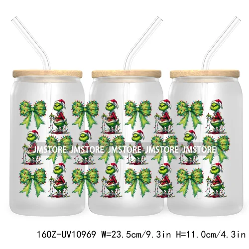 Green Guy Christmas Coquette Bow 16OZ UV DTF Cup Wrap Waterproof Transfer Stickers For Libbey Glass Can Christmas Movie Friends