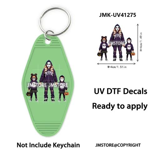Halloween Horror Mama Kids Ghost Girl Coffee UV DTF Motel Keychain Decal Ready To Ship Transfer Sticker Print For Hotel Keychain
