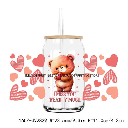 Valentines Teddy Bear With Red Roses UV DTF Sticker For 16OZ Libbey Glass Cup Can Wrap Transfer Sticker Custom Labels DIY Logo