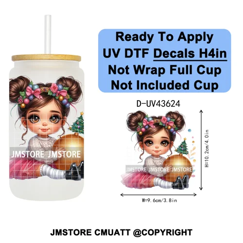 Chibi Cute Mexican Christmas Baby Girl UV DTF Decals Ready To Apply Waterproof Transfer Stickers For 16OZ Libbey Glass Can Mugs