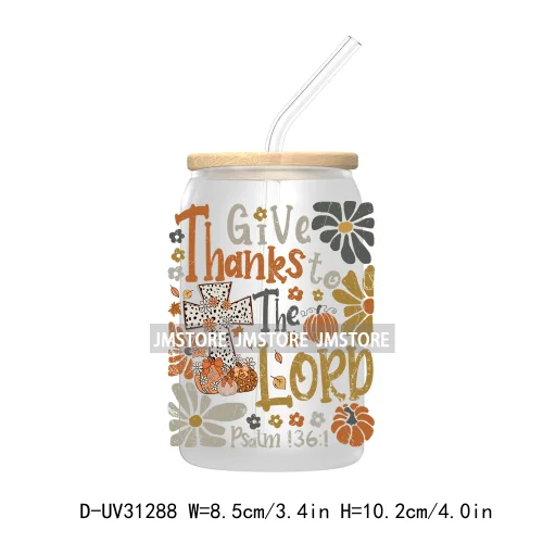 Thanksgiving Pumpkin Fall Bible Verse UV Sticker Decal For Libbey Cold Cup Mug Tumbler Transfer Sticker Coquette Bow Jesus Cross