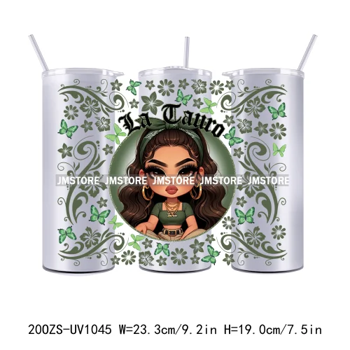 Latina Zodiac Girl Butterfly 20OZ Straight Skinny Tumbler Wrap Ready To Apply UV DTF Transfer Stickers Custom Prints For Tumbler