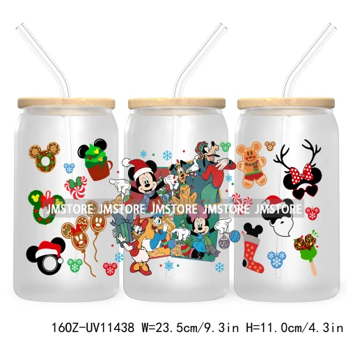 Merry Christmas Cartoon Couple 16OZ UV DTF Cup Wrap Ready To Apply For Libbey Glass Can Cup Tumbler Gingerbread Candy Cane Mouse