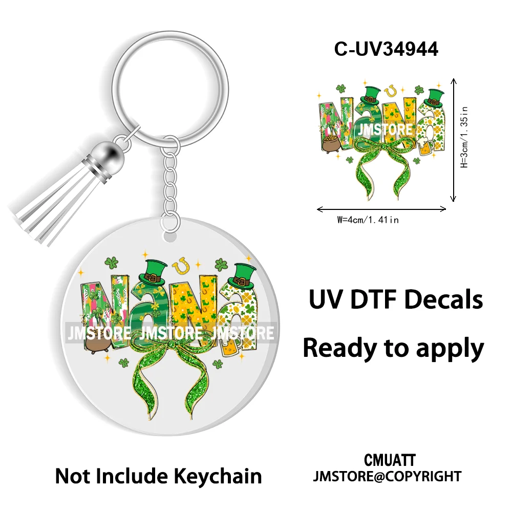 Faux Glitter Lucky Shamrock Coquette St. Patrick's Day WaterProof UV DTF Stickers For Round Circle Acrylic Keychain Key Ring