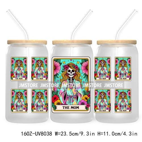 Funny Tarot Card UV DTF Sticker For 16OZ Libbey Glass Cup Can Wrap Transfer Sticker Custom Label DIY Logo Mexican Skeleton Skull