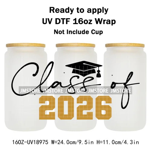 Senior 2026 Graduation Girly UV DTF Cup Wrap Ready To Apply Transfer Stickers Waterproof 16OZ Tumbler Wraps For Libbey Glass Can