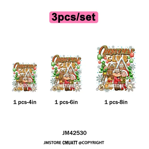 Cartoon Christmas Club Snow Winter Vibes Holly Jolly Santa Iron on DTF Washable Transfers Stickers Ready to Press for Clothing