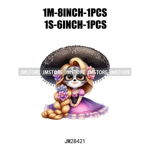 Colorful Day Of The Dead Catrina Princess Baby Girl Sombrero Hat Mexico Conchas Iron On DTF Heat Transfers Stickers For Clothing