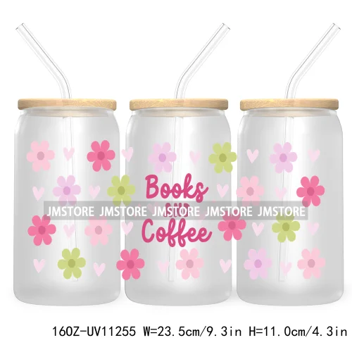 Trendy Coffee And Books Reading Floral Flowers 16OZ UV Cup Wrap DTF Transfer Stickers For Libbey Glass Can Cups Tumbler Labels