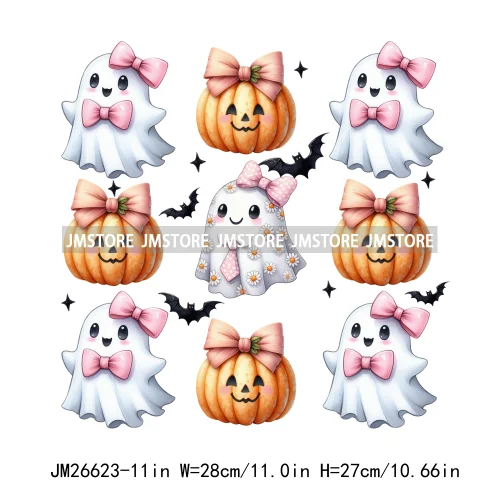 Colorful Halloween Spooky Season Cute Ghost Pumpkin Girly Coquette Bow DTF Iron On Transfers Stickers Ready To Press For T-shirt