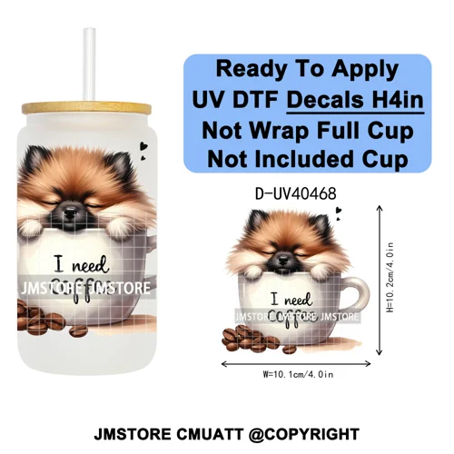 Puppy Coffee Dog Cartoon Pet Lover UV DTF Decals Ready To Apply Waterproof Transfer Stickers For 16OZ Libbey Glass Can Tumbler
