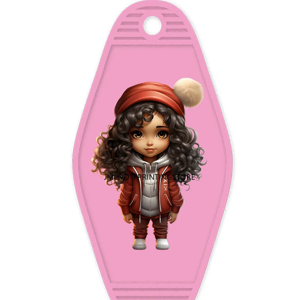 Merry Christmas Little Girls With Santa Hat High Quality WaterProof UV DTF Sticker For Motel Hotel Keychain