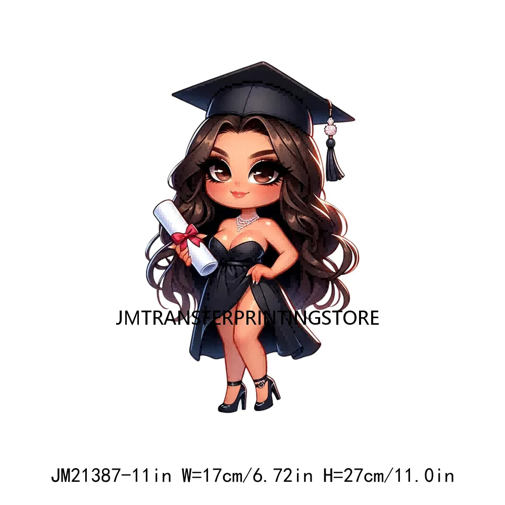 Cool Pretty Chibi Latina College Graduation Girls Educated Diploma Iron On DTF Transfer Stickers Ready To Press For T-shirts