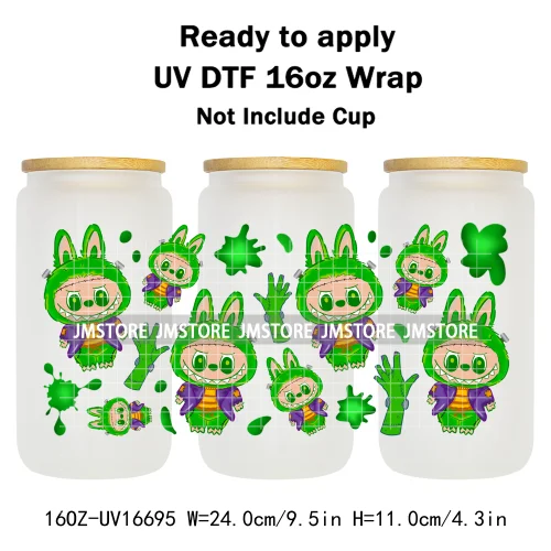 Laboo Cartoon Horror Halloween Characters 16OZ UV DTF Cup Wraps Ready To Apply Waterproof Transfer Stickers For Libbey Glass Can