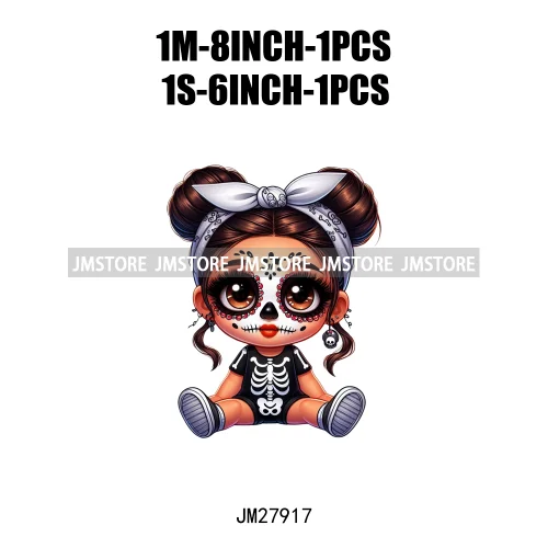 Halloween Skeleton Latina Baby Chibi Hispanic Girls Spooky Season DTF Iron On Transfers Stickers Ready To Press For Clothing