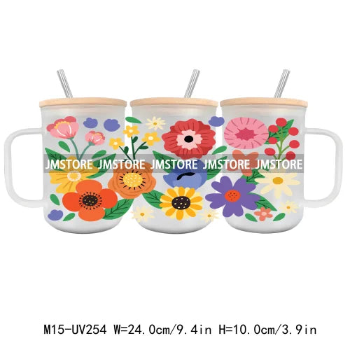 Floral Wildflowers Plants Butterfly UV DTF Glass Can Wrap For 15OZ Mug Coffee Cup Transfer Stickers DIY Custom Logo Labels