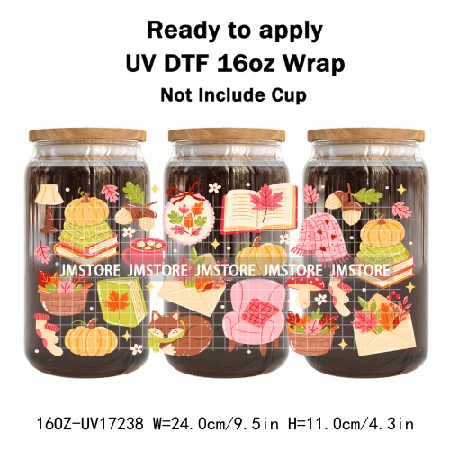 Bookish Autumn Fall Coquette Pumpkins Season UV DTF Wraps Transfer Sticker Selfadhesive Waterproof For 16OZ Libbey Glass Can Mug