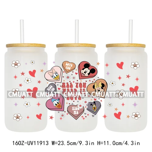 Cartoon Pink Sweet Happy Valentine‘s Day Kids Love Characters UV DTF Stickers Cup Wraps Logos For 16OZ Libbey Glass Can