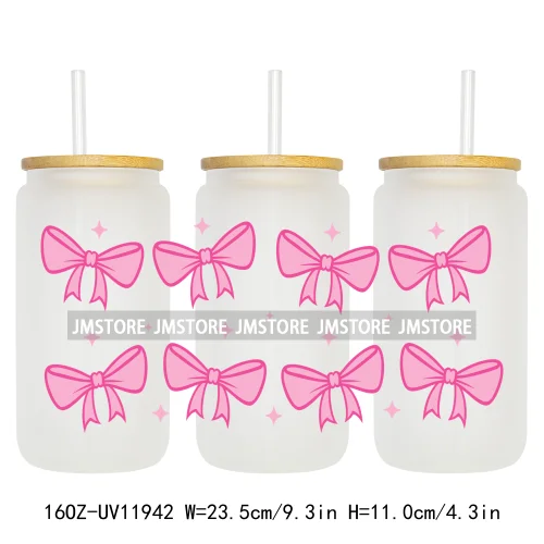 Girly Coquette Bows Heart Pink 16OZ UV DTF Cup Wrap Transfer Stickers Custom Labels Durable Waterproof Logo For Libbey Glass Can