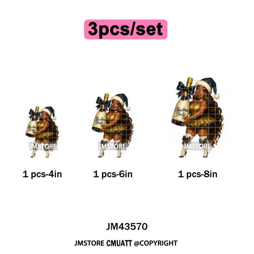 Wine Christmas Black Girls Santa Cheer Winter Holiday Party Iron on Washable DTF Transfers Stickers Ready to Press for Textiles