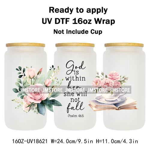 Floral Christian Jesus Bible Verse UV DTF Cup Wrap Ready To Apply Transfer Stickers Waterproof Wraps For 16OZ  Libbey Glass Can