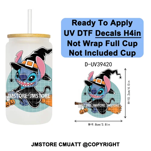 Witch Cartoon Horror Halloween Mummy UV DTF Transfer Stickers Decals Ready To Apply Waterproof For 16OZ Libbey Glass Can Tumbler