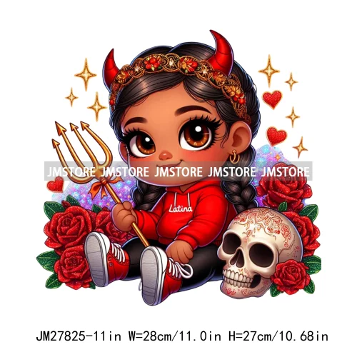 Chibi Cute Halloween Devil Latina Baby Hispanic Girls Skull Red Rose DTF Iron On Transfer Stickers Ready To Press For Sweatshirt