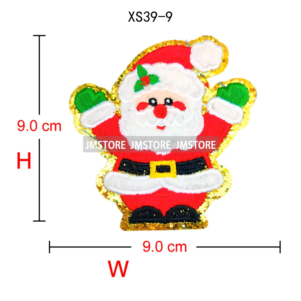 Cute Christmas Icons Jingle Bell Santa Coquette Cozy Season Glitter Applique Iron on Embroidered Chenille Patches for Clothing