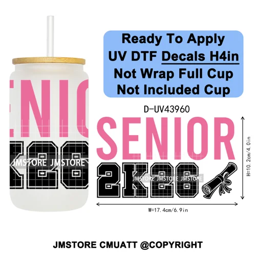 Girly University Graduation 2026 UV DTF Decals Ready To Apply Waterproof Transfer Stickers DIY Crafts For 16OZ Libbey Glass Can
