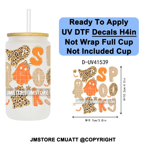 Spooky Highland Cow Halloween Ghosts Pumpkin UV DTF Decals Ready To Apply Waterproof Transfer Stickers For 16OZ Libbey Glass Can