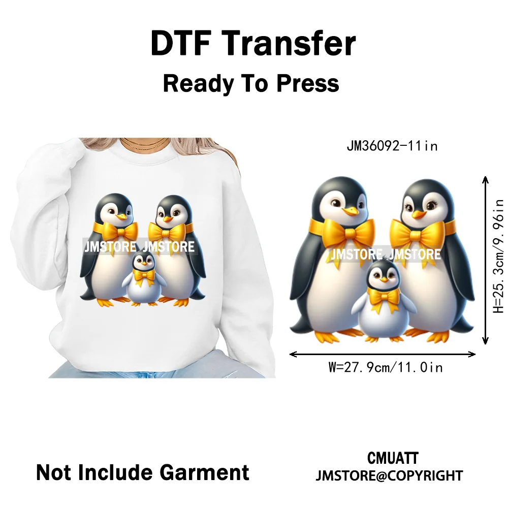 Cute Animal Penguins Coquette Hat Family Mom Father Baby Lovers Iron on DTF Heat Transfer Stickers Ready to Press for Hoodies