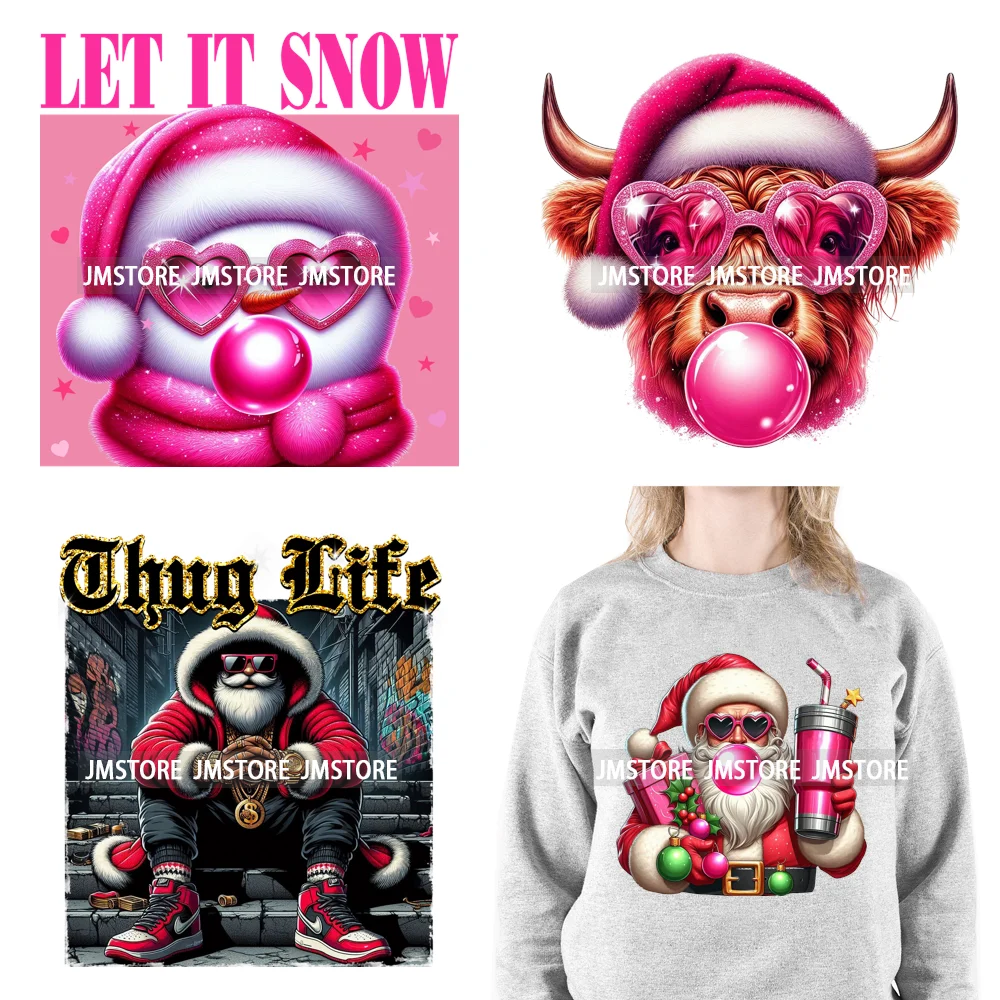 Cool Thug Life Santa Snowman Pink Bubble Holiday Gifts Christmas Iron On DTF Transfers Stickers Ready To Press For Sweatshirts