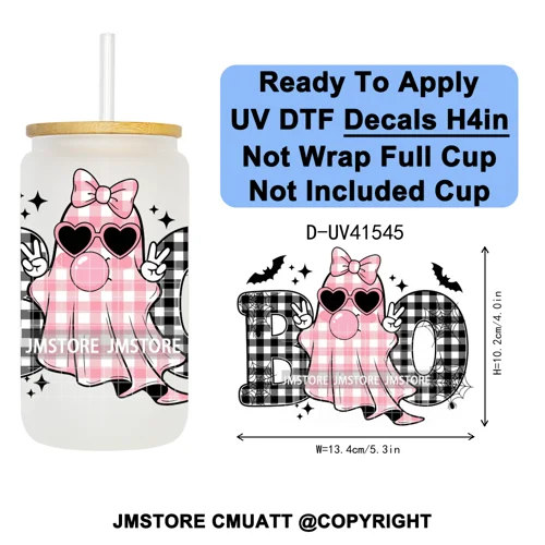 Spooky Highland Cow Halloween Ghosts Pumpkin UV DTF Decals Ready To Apply Waterproof Transfer Stickers For 16OZ Libbey Glass Can