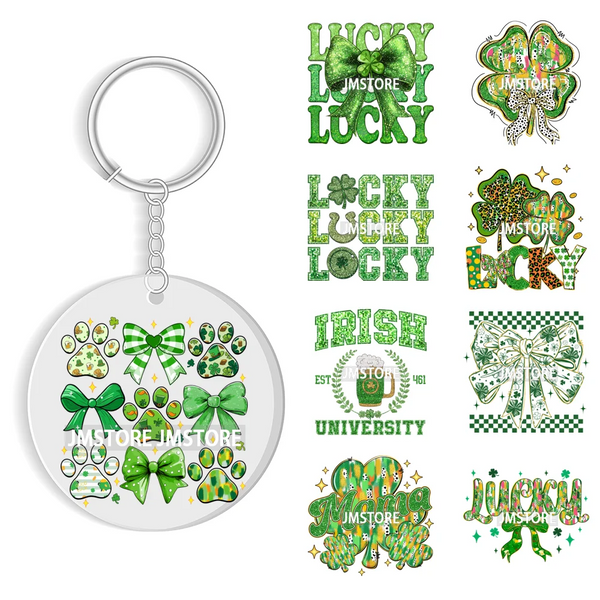 Sparkly Faux Sequin St Patricks Day Coquette Glitter Lucky Charm WaterProof UV DTF Sticker For Round Circle Keychain Keyring