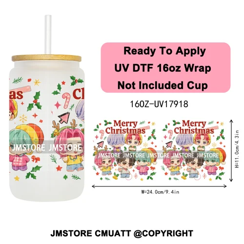 Merry Christmas Kpop Movie Character Anime Girl UV DTF Stickers Ready To Apply Cup Wrap High Quality For 16OZ Libbey Can Glass