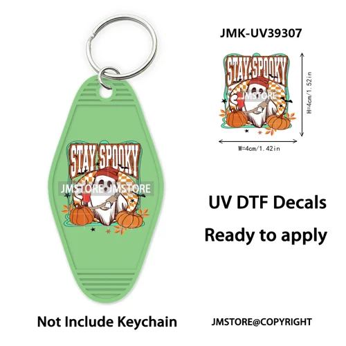 Faux Glitter Halloween Ghost Pumpkin Season UV DTF Motel Keychain Decal Ready To Ship Transfer Stickers Print For Hotel Keychain
