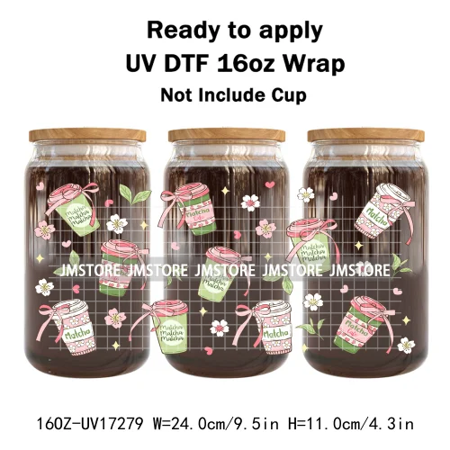 Coquette Green Tea Iced Matcha Latte UV DTF Wrap Transfer Sticker Selfadhesive Waterproof High Quality For 16OZ Libbey Glass Can